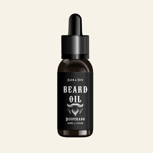 Bottle of beard oil with a dropper on a white background