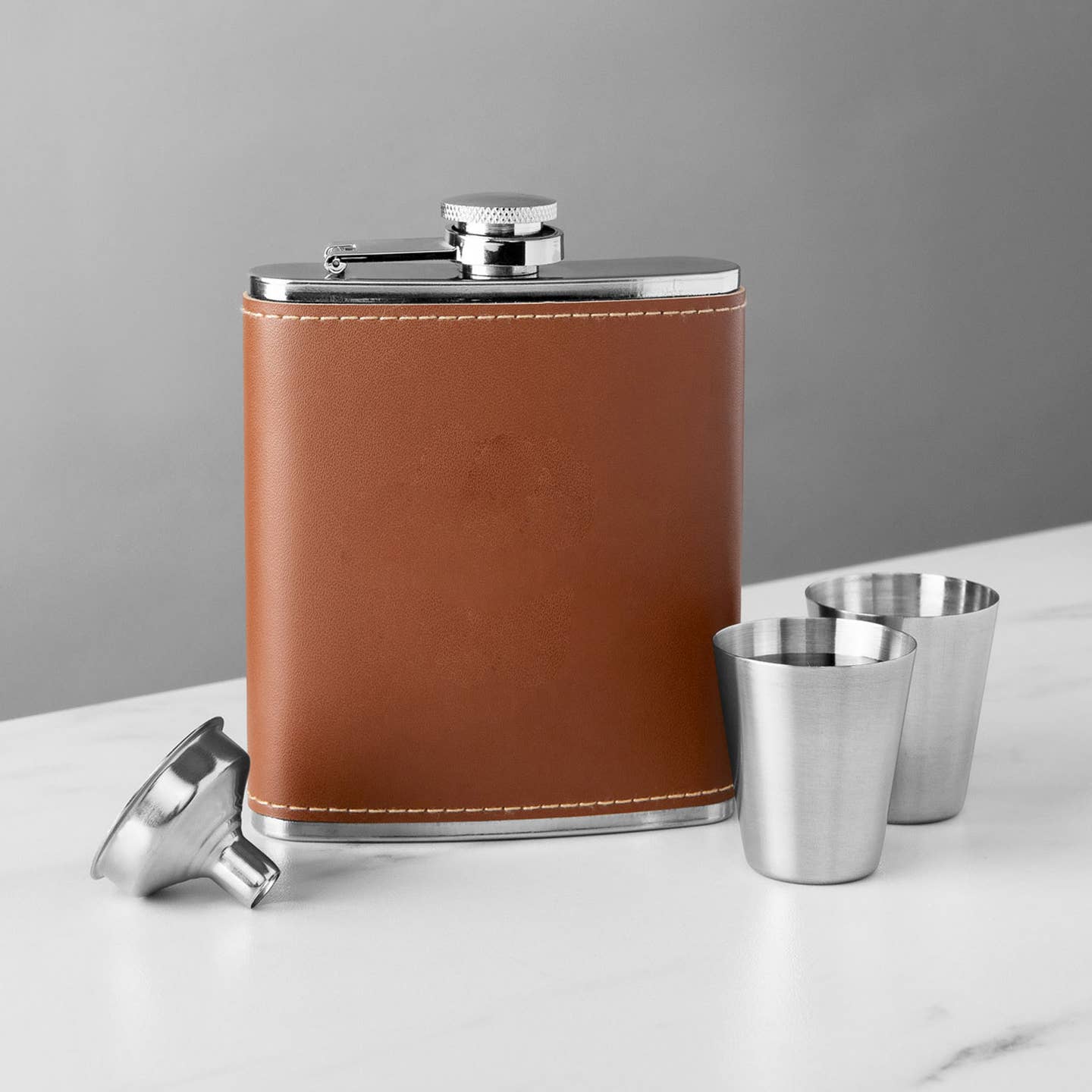 Stainless Brown Leather Flask Set - MillerCandleCo.