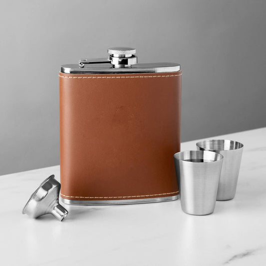 Stainless Brown Leather Flask Set - MillerCandleCo.