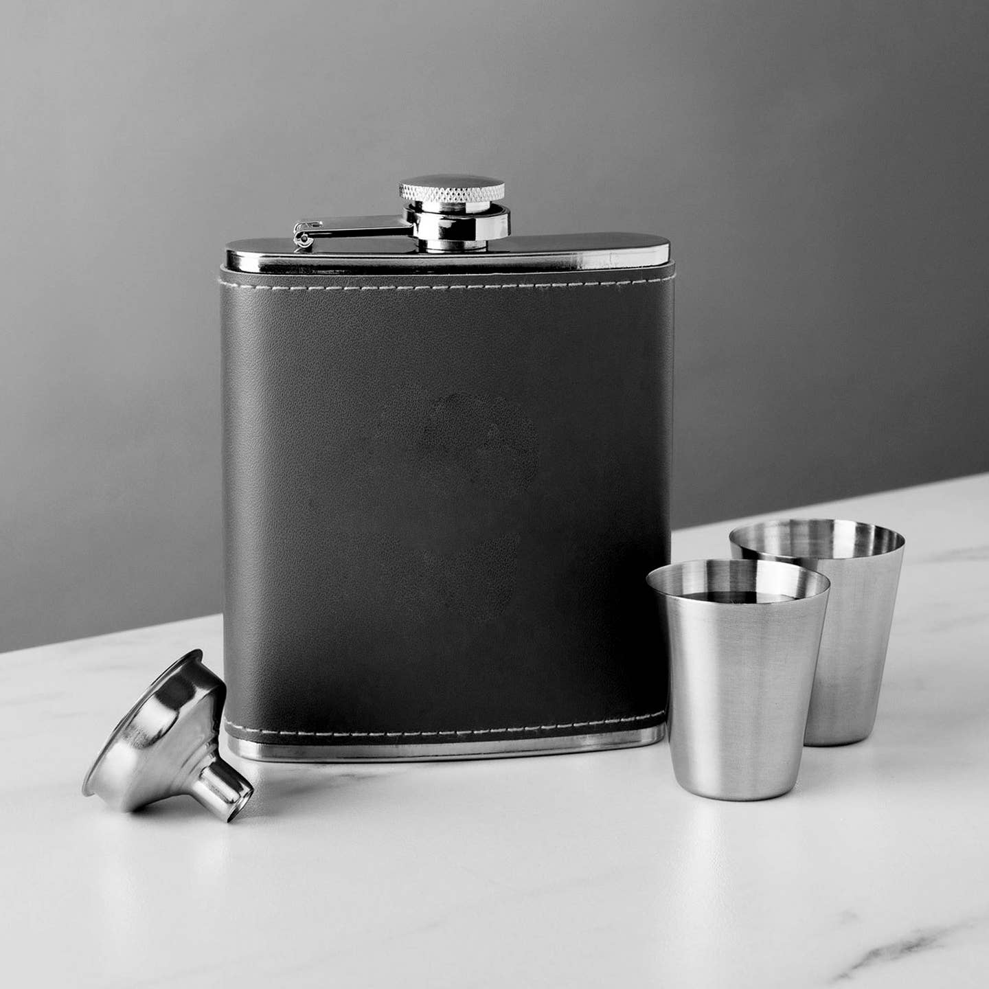 Stainless Black Leather Flask Set - MillerCandleCo.