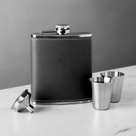 Stainless Black Leather Flask Set - MillerCandleCo.