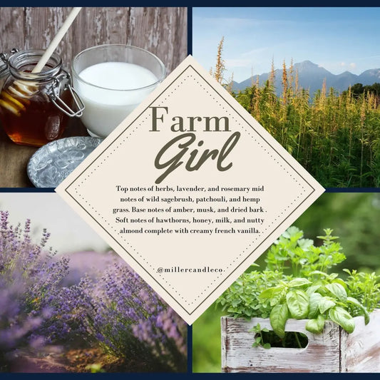 Collage of natural elements with 'Farm Girl' candle label and product description.